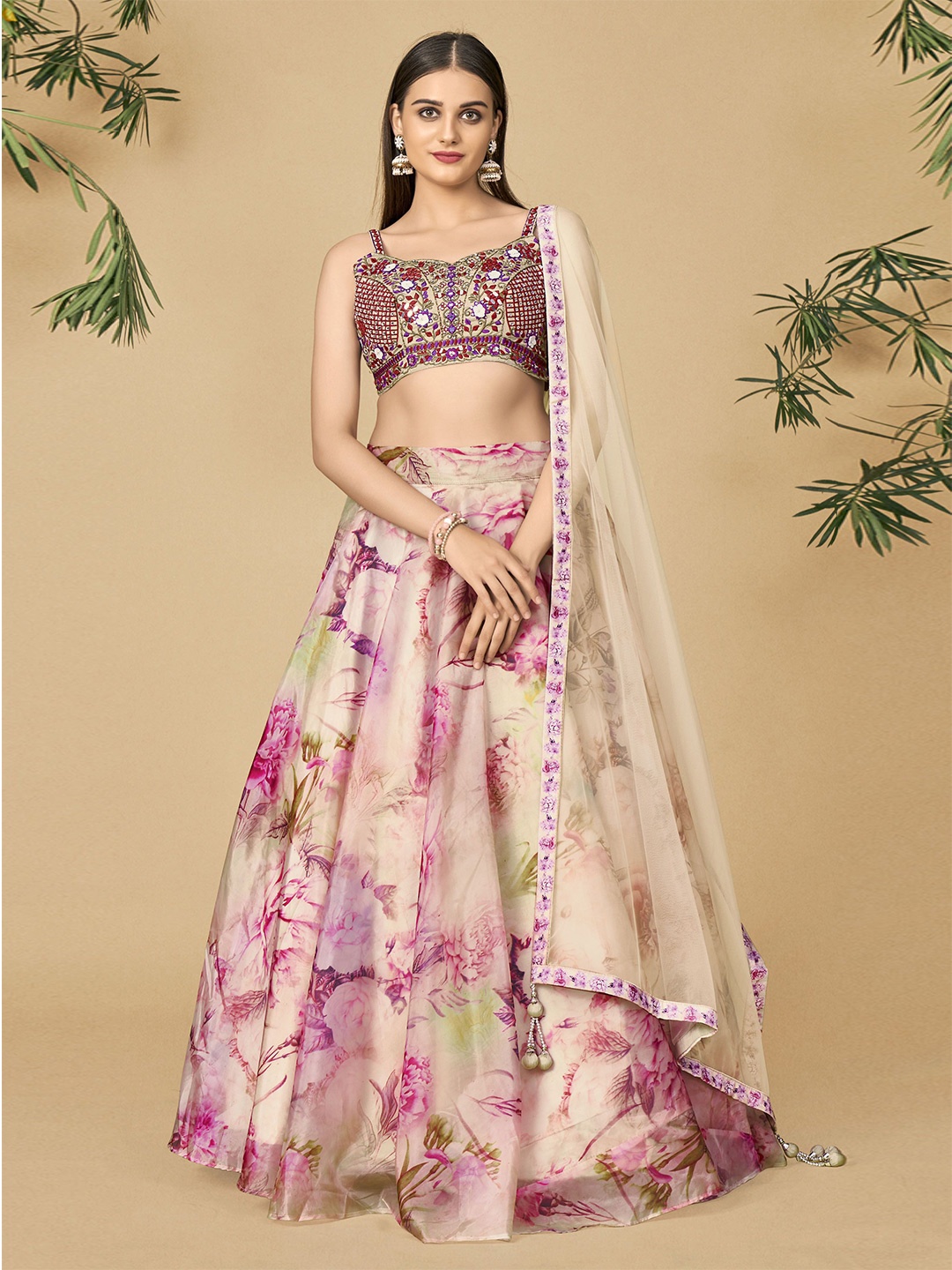 

Fusionic Embellished Mirror Work Ready to Wear Lehenga & Blouse With Dupatta, Beige