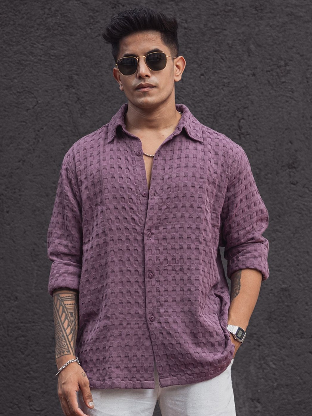 

Powerlook Men Self Design Textured Spread Collar Oversized Casual Shirt, Purple