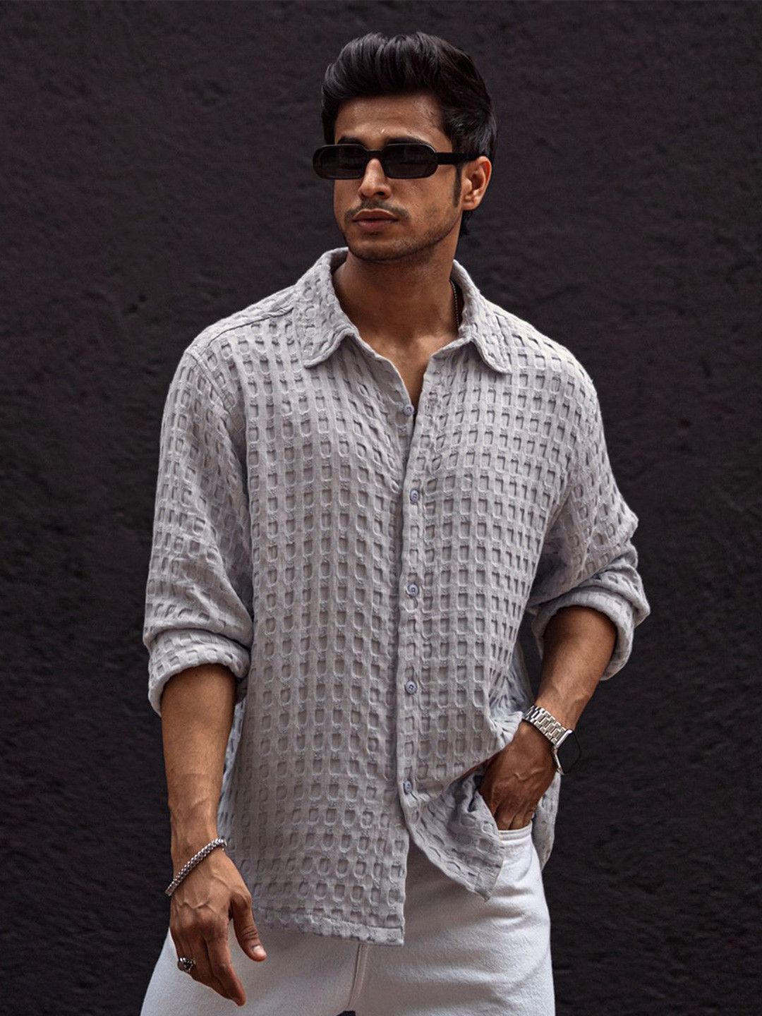 

Powerlook Men Self Design Textured Spread Collar Oversized Casual Shirt, Grey