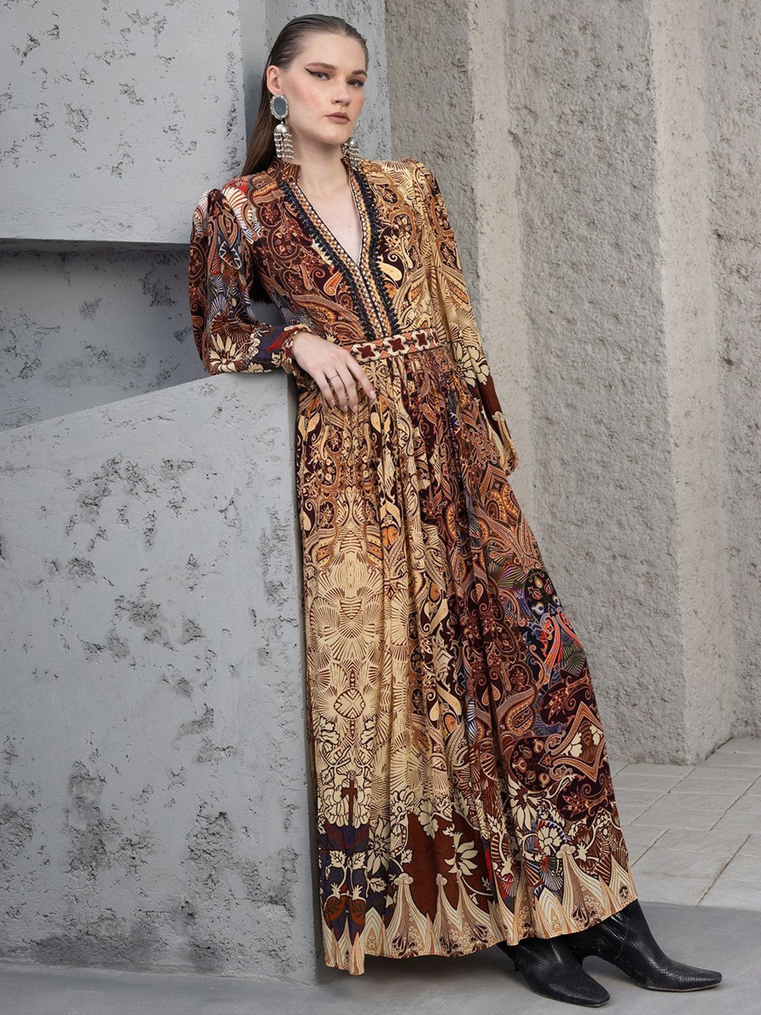 

Bhanuni Cuffed Sleeves Print A-Line Maxi Dress, Multi