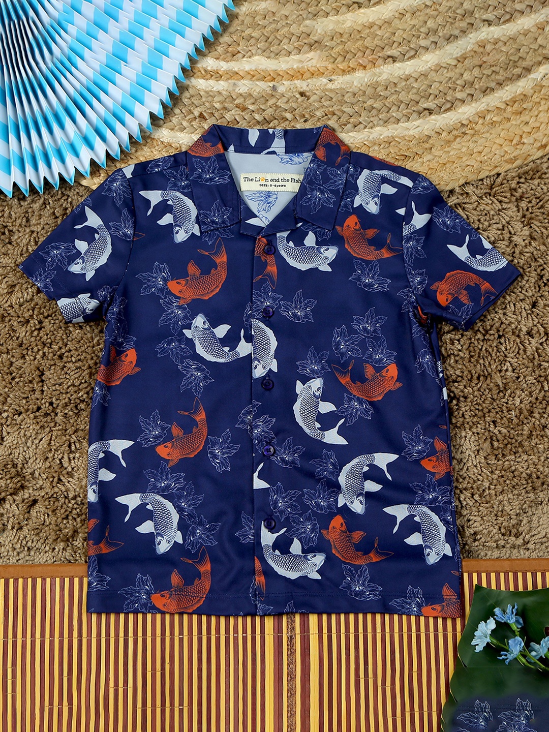 

The Lion and The Fish Boys Fish & Flower Print Polyknit Shirt, Navy blue