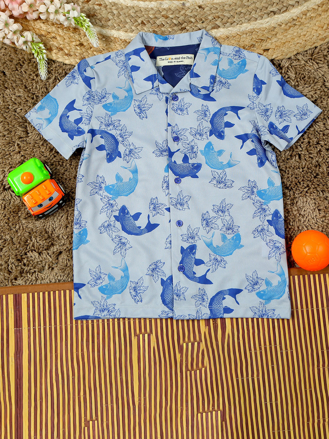 

The Lion and The Fish Boys Fish & Flower Print Polyknit Shirt, Blue