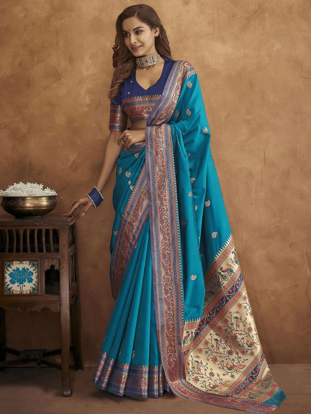 

Munir Ethnic Motifs Woven Design Zari Paithani Saree, Blue