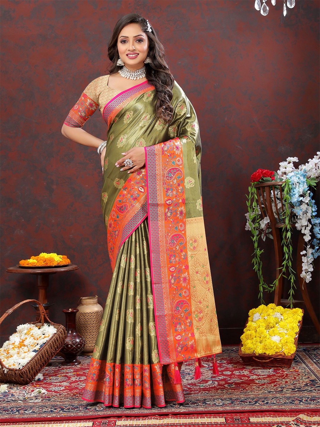 

Munir Ethnic Motifs Zari Kanjeevaram Saree, Sea green