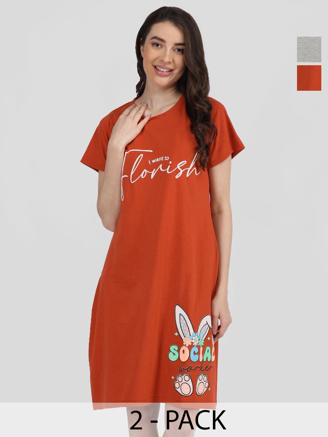 

Duchess Pack Of 2 Printed Knee Length Cotton T-shirt Nightdress, Grey