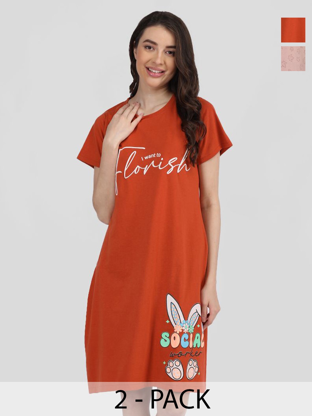 

Duchess Pack Of 2 Printed Knee Length Cotton T-shirt Nightdress, Orange