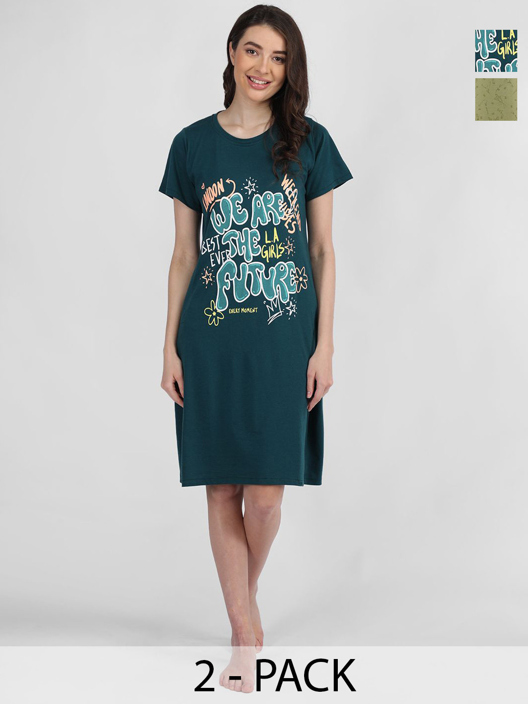 

Duchess Pack Of 2 Printed Knee Length Cotton T-shirt Nightdress, Green