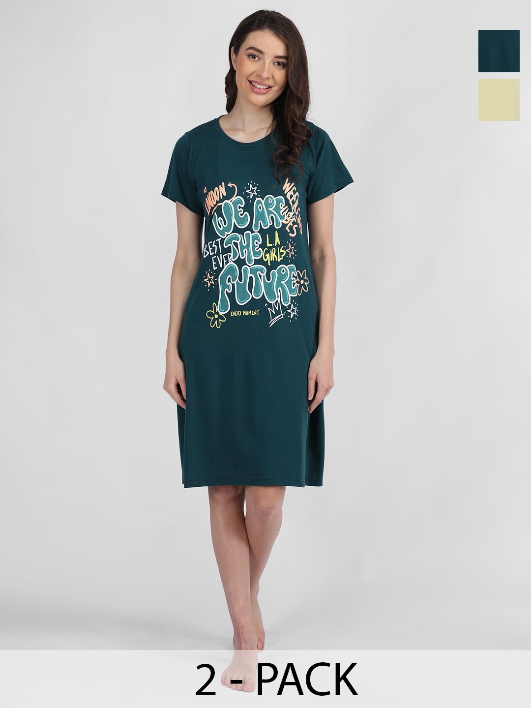 

Duchess Pack Of 2 Typography Printed Cotton T-shirt Nightdress, Green