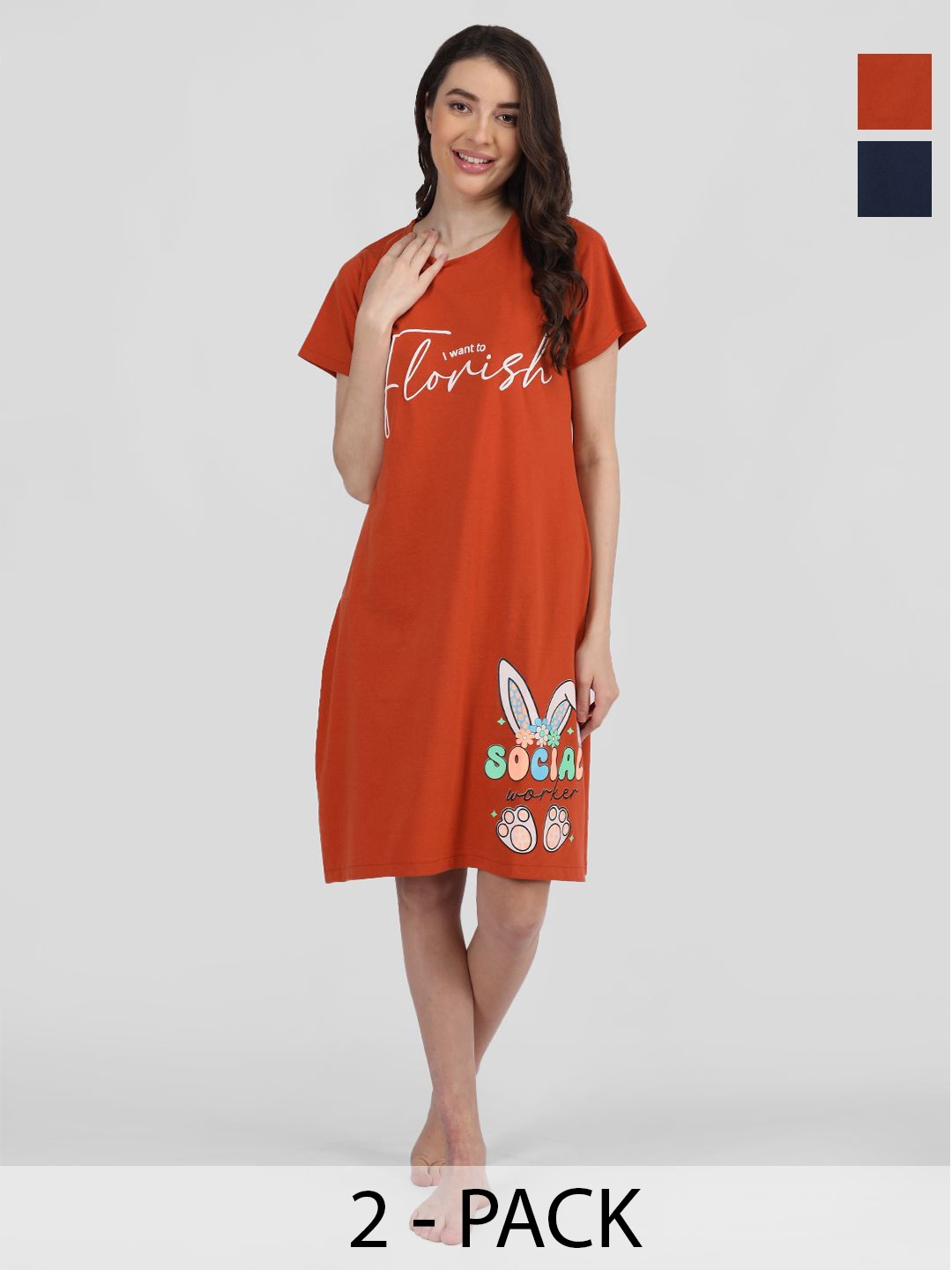 

Duchess Pack Of 2 Typography Printed Cotton T-shirt Nightdress, Red