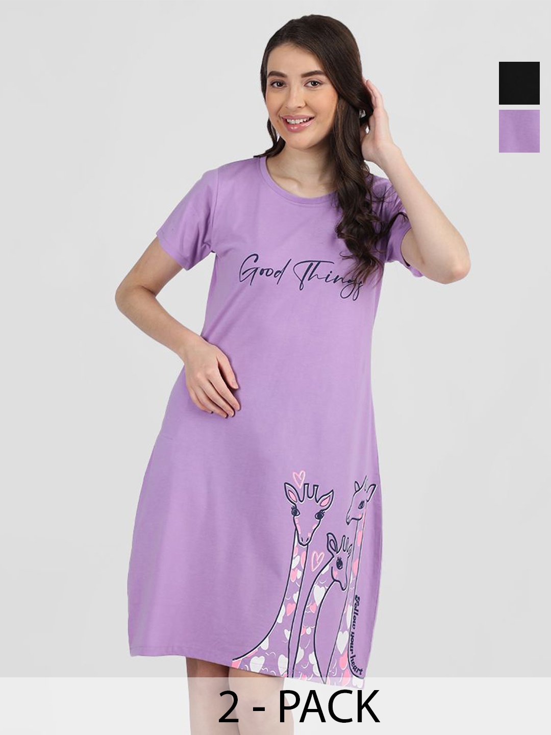 

Duchess Pack Of 2 Typography Printed Cotton T-shirt Nightdress, Lavender