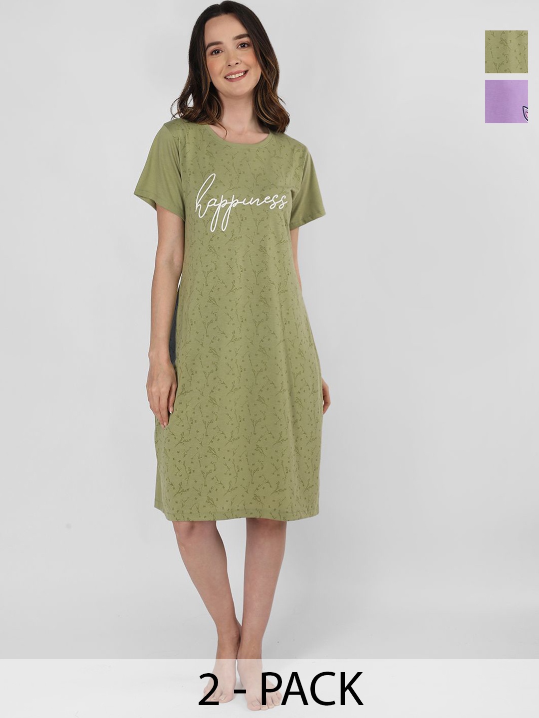 

Duchess Pack Of 2 Printed Knee Length Cotton T-shirt Nightdress, Green