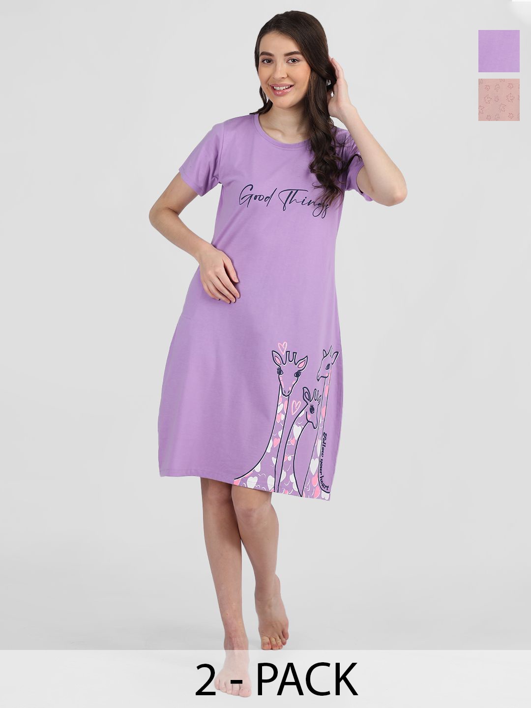 

Duchess Pack Of 2 Printed Knee Length Cotton T-shirt Nightdress, Purple