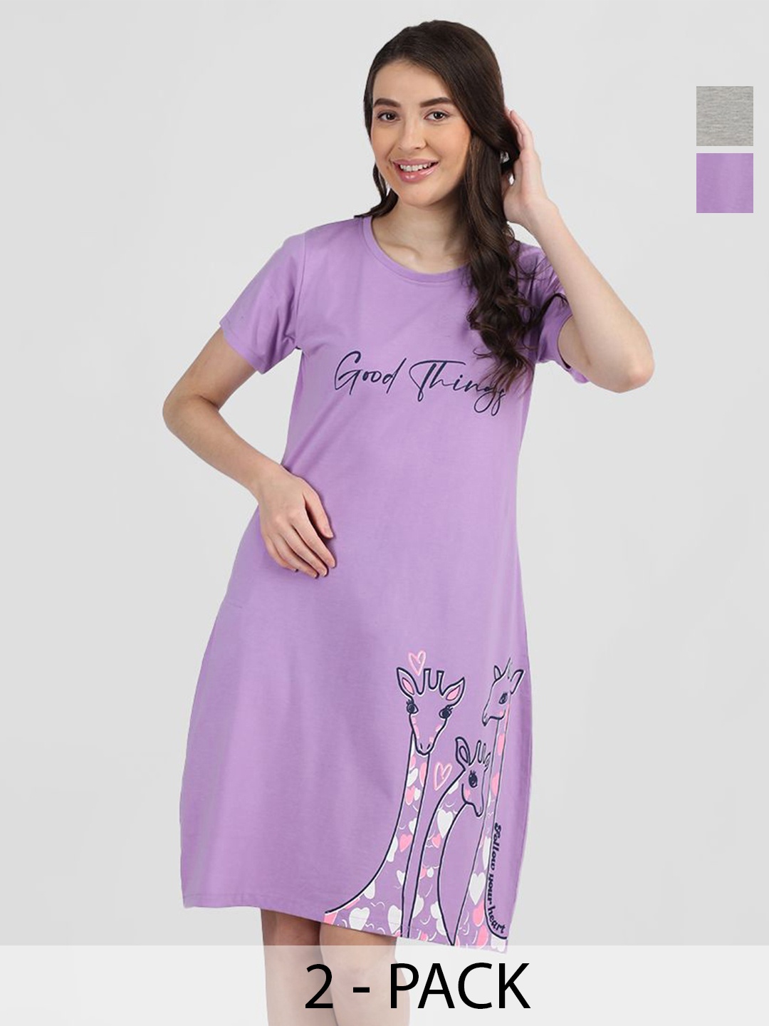 

Duchess Pack Of 2 Printed Knee Length Cotton T-shirt Nightdress, Purple