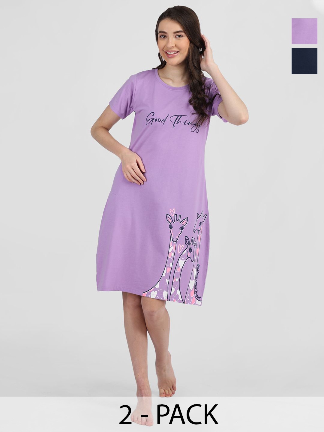 

Duchess Pack Of 2 Printed Knee Length Cotton T-shirt Nightdress, Lavender