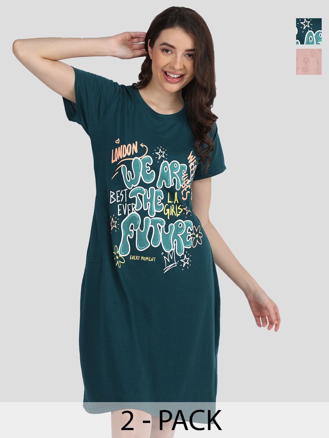 

Duchess Pack Of 2 Typography Printed Cotton T-shirt Nightdress, Pink