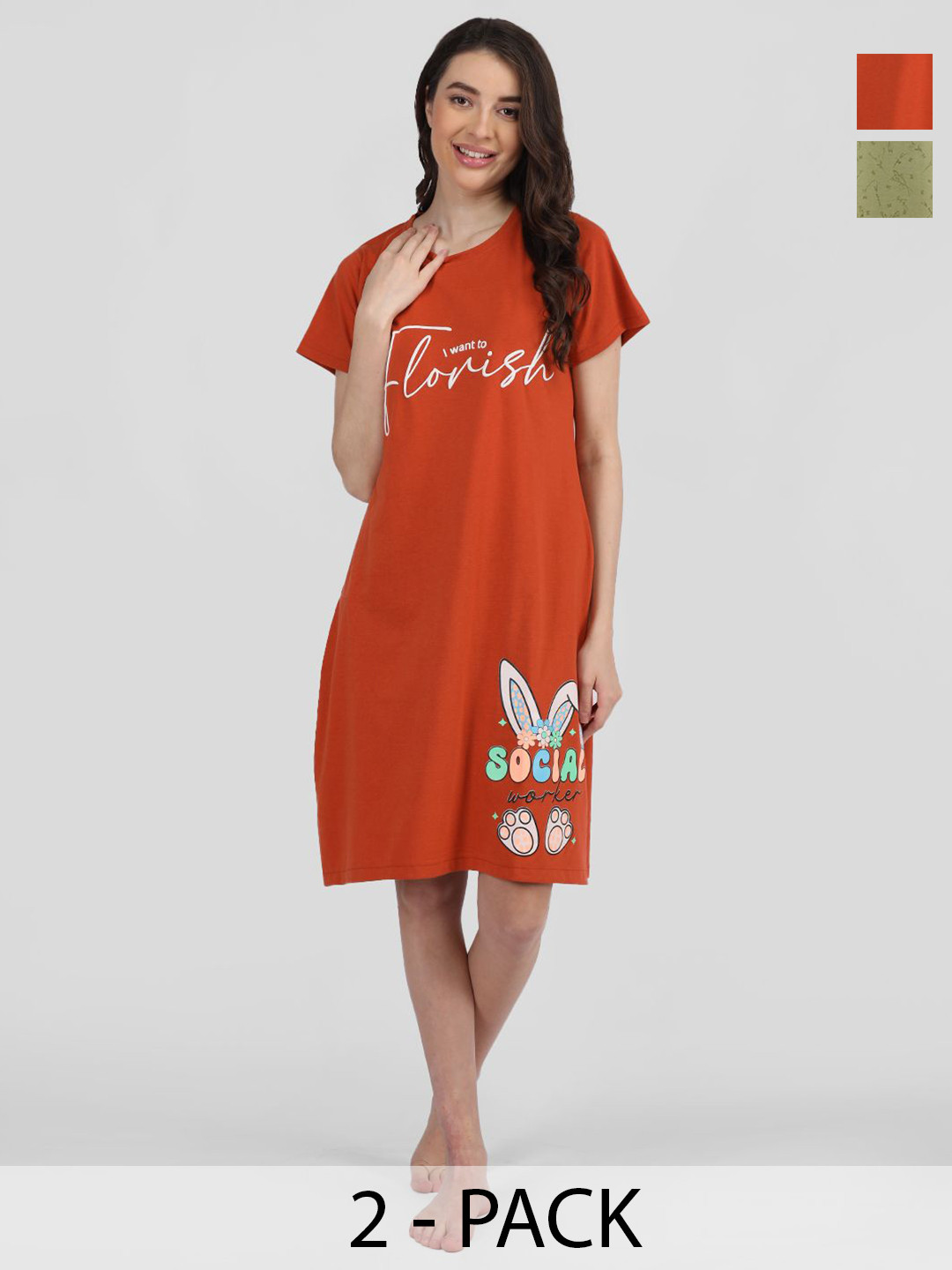 

Duchess Pack Of 2 Printed Knee Length T-shirt Nightdress, Green