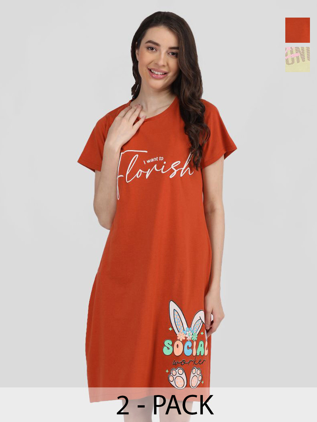 

Duchess Pack Of 2 Printed Knee Length Cotton T-shirt Nightdress, Red