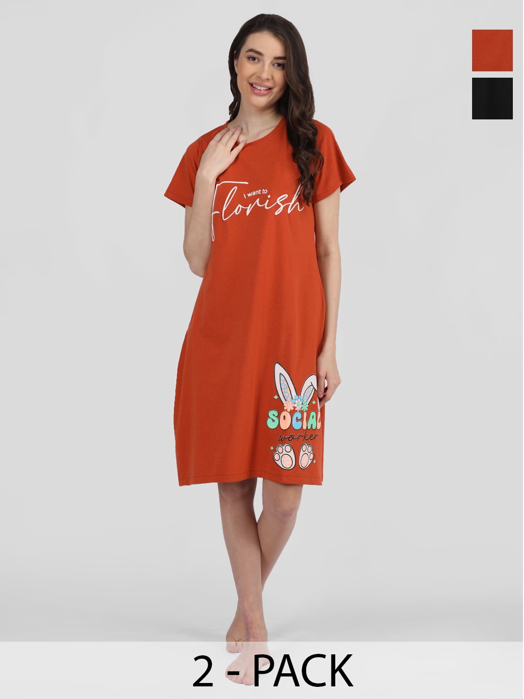 

Duchess Pack Of 2 Typography Printed Cotton T-shirt Nightdress, Red