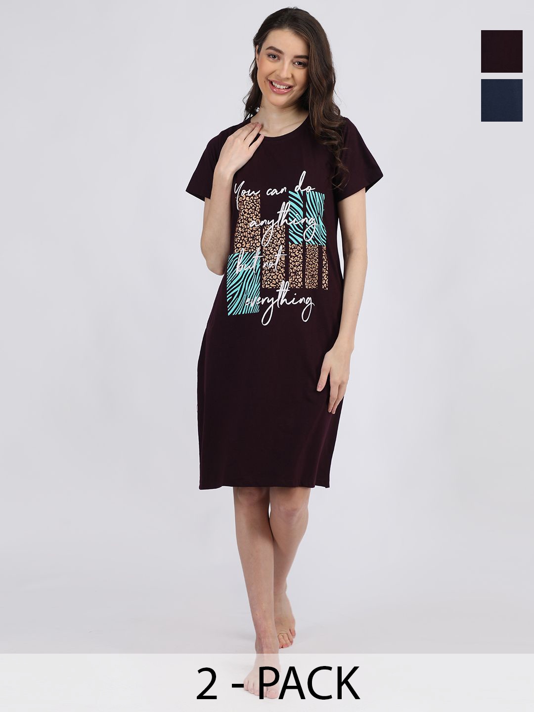 

Duchess Pack Of 2 Printed Knee Length Cotton T-shirt Nightdress, Burgundy