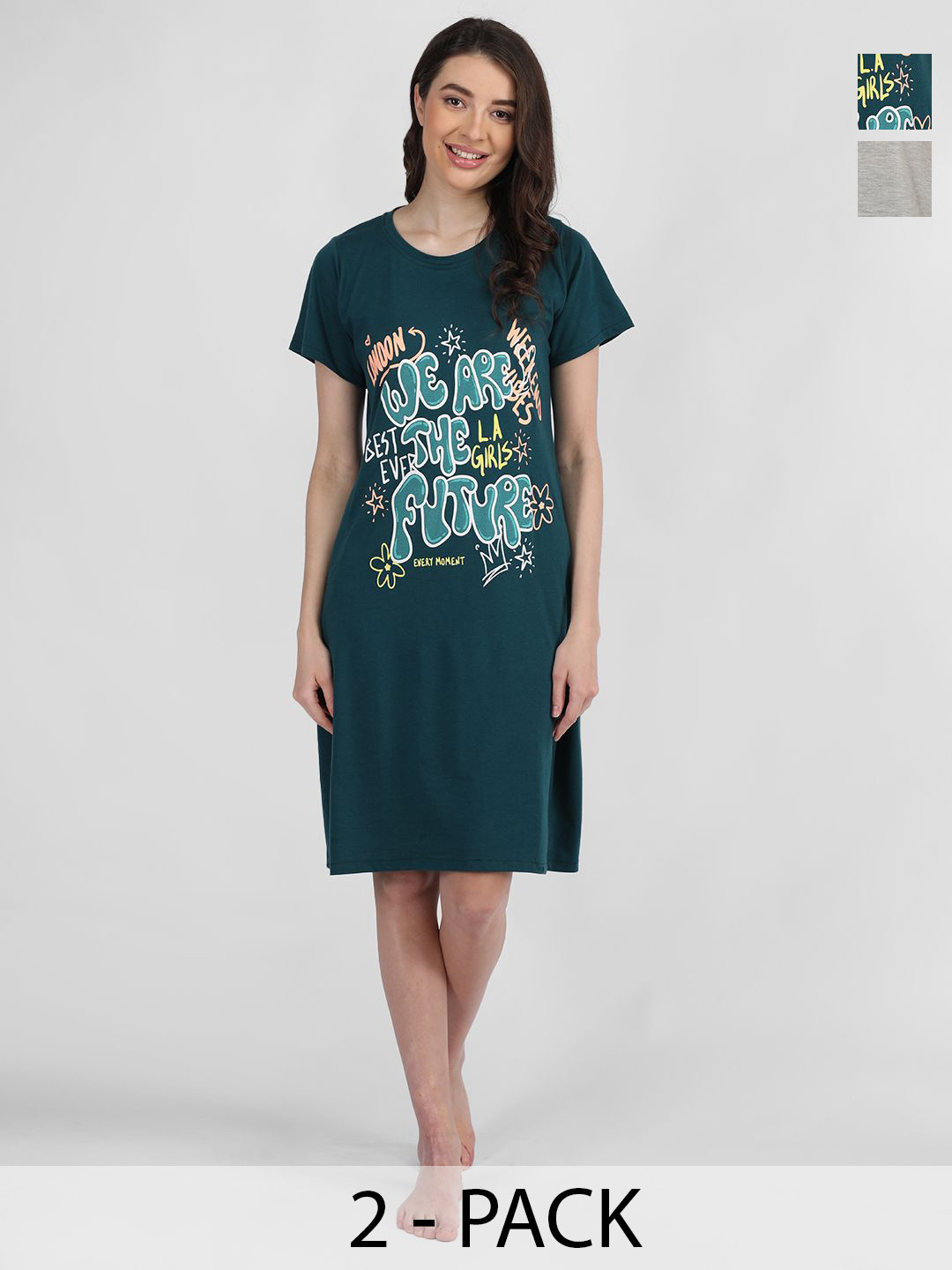 

Duchess Pack Of 2 Typography Printed Cotton T-shirt Nightdress, Grey