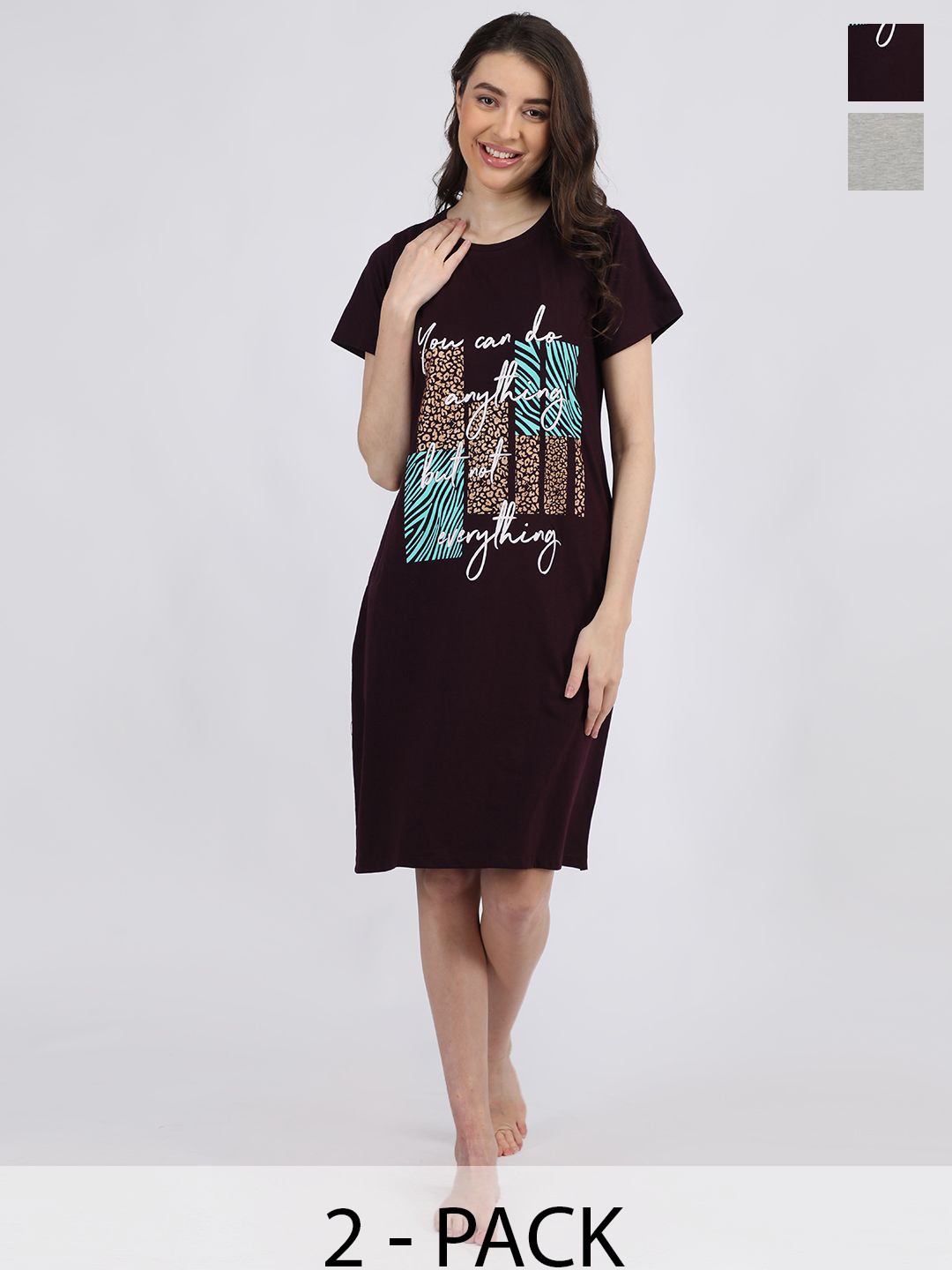 

Duchess Pack Of 2 Typography Printed Round Neck Cotton T-shirt Nightdress, Black