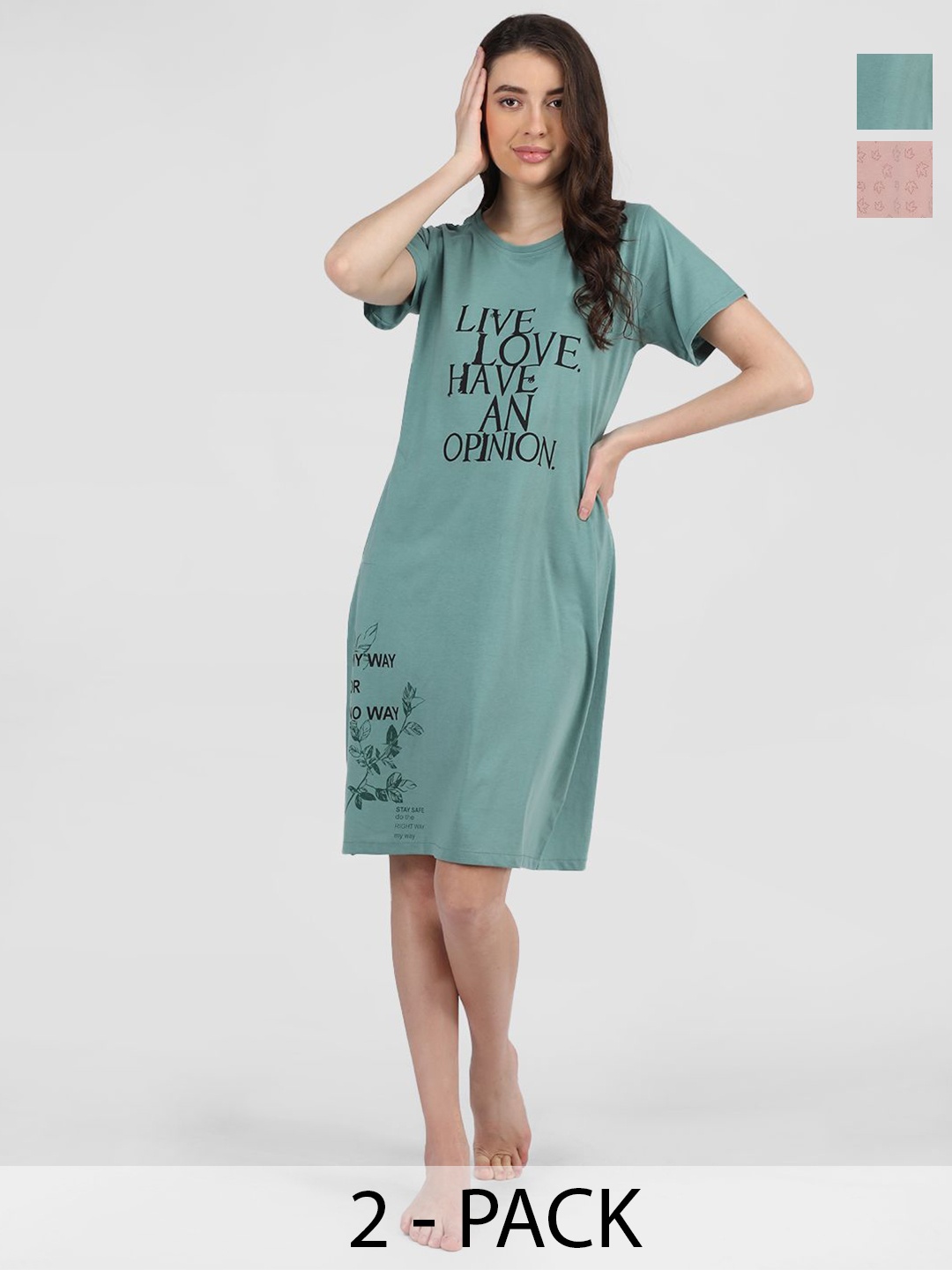 

Duchess Pack Of 2 Printed Knee Length Cotton T-shirt Nightdress, Blue