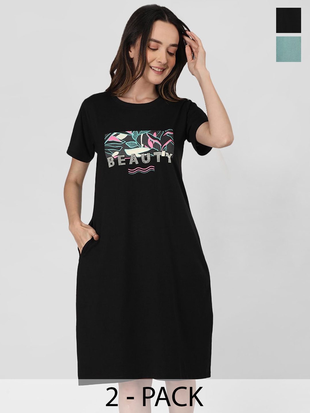 

Duchess Pack Of 2 Printed Knee Length Cotton T-shirt Nightdress, Black