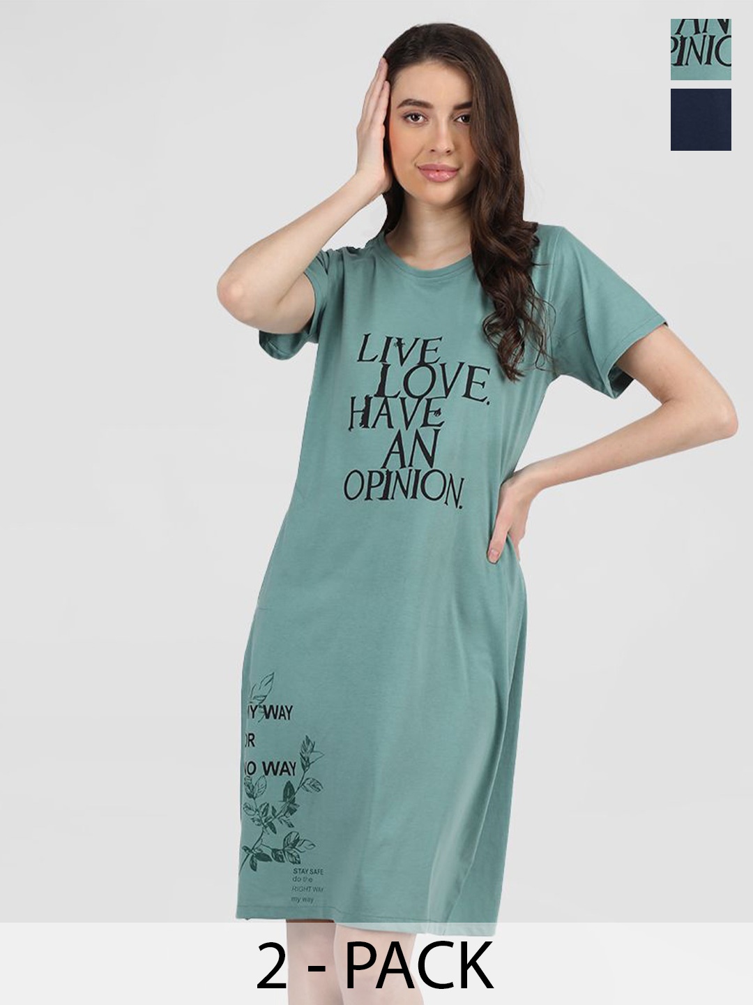 

Duchess Pack Of 2 Printed Knee Length Cotton T-shirt Nightdress, Blue