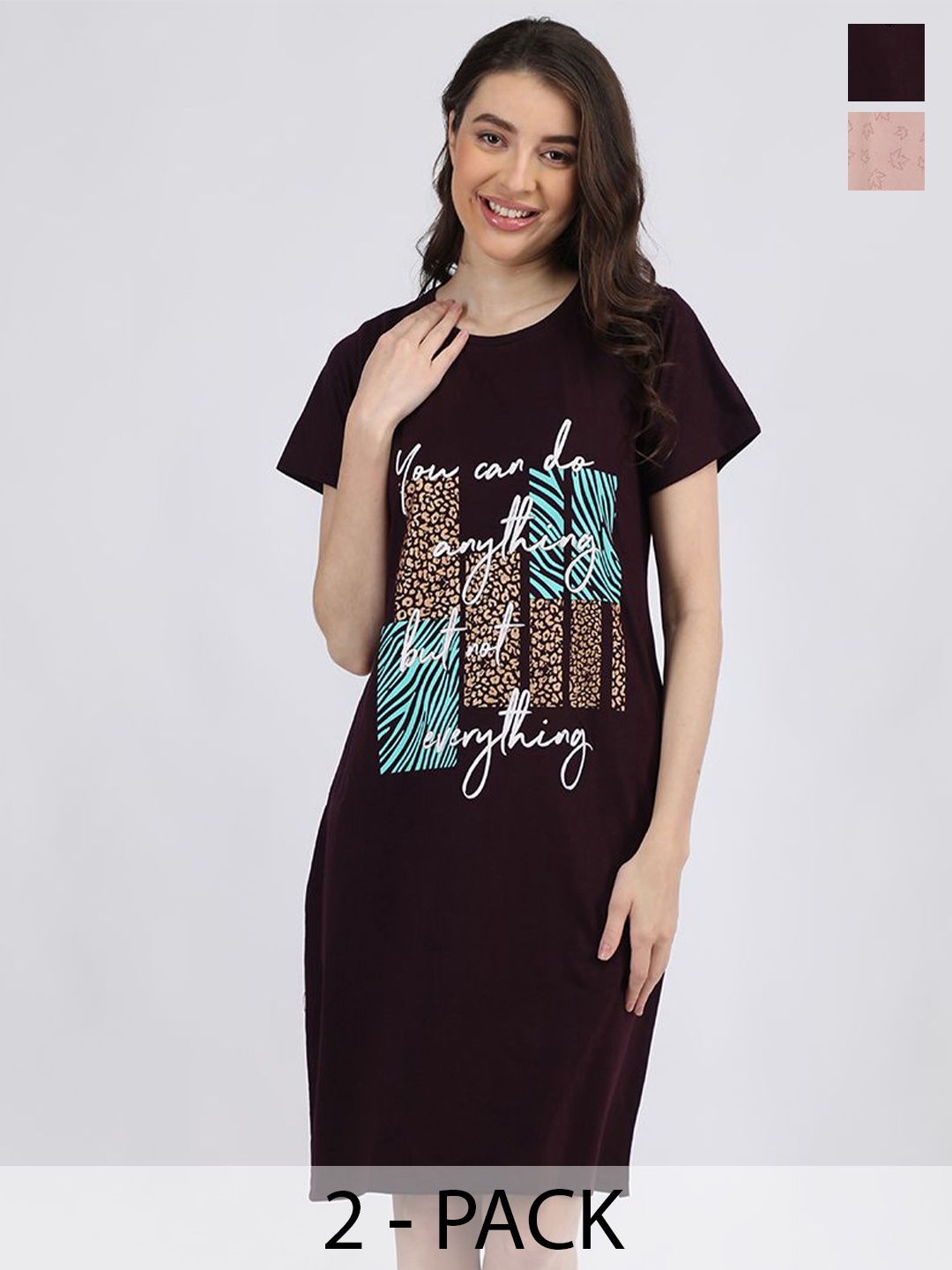 

Duchess Pack Of 2 Typography Printed Round Neck Cotton T-shirt Nightdress, Maroon