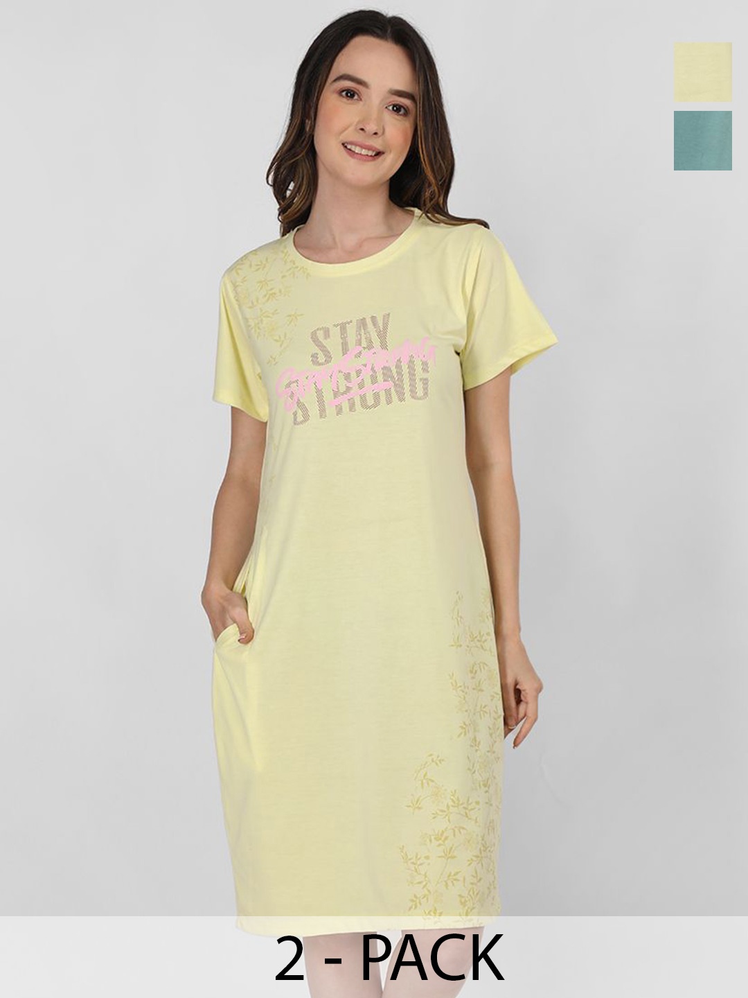 

Duchess Pack Of 2 Printed Knee Length Cotton T-shirt Nightdress, Blue