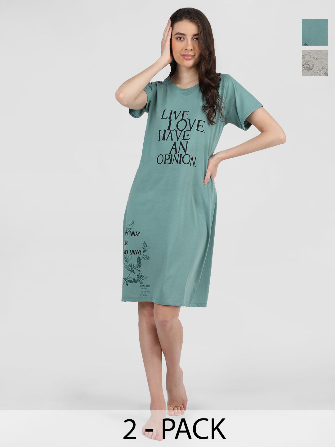 

Duchess Pack Of 2 Typography Printed Round Neck Cotton T-shirt Nightdress, Blue