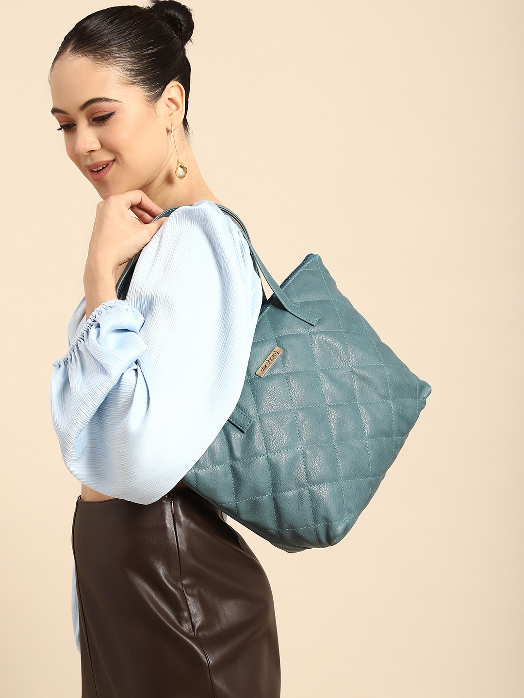 

DressBerry Textured Shopper Tote Bag with Quilted Detail, Teal