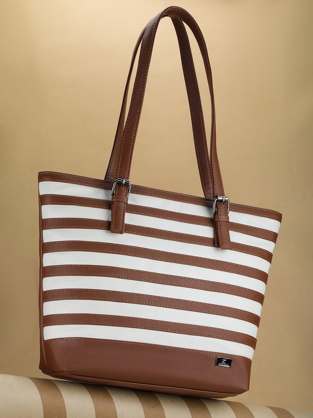 

K London Women Striped Structured Shoulder Bag, Tan