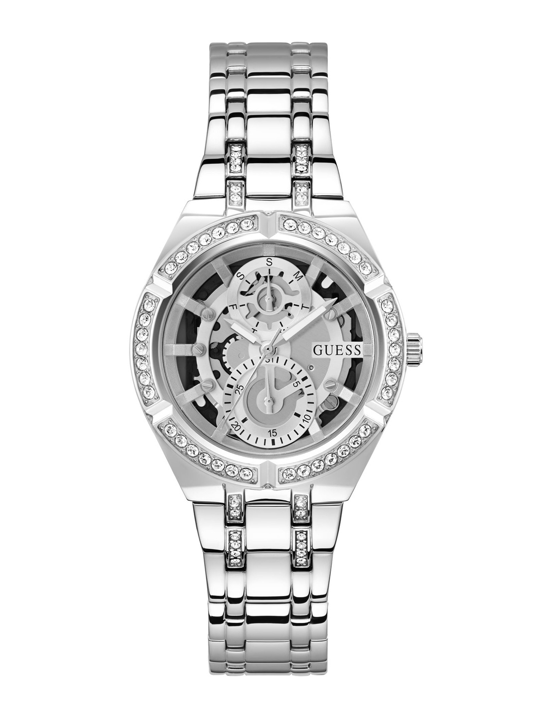 

GUESS Women Skeleton Dial & Bracelet Style Straps Analogue Multi Function Watch GW0604L1, Silver