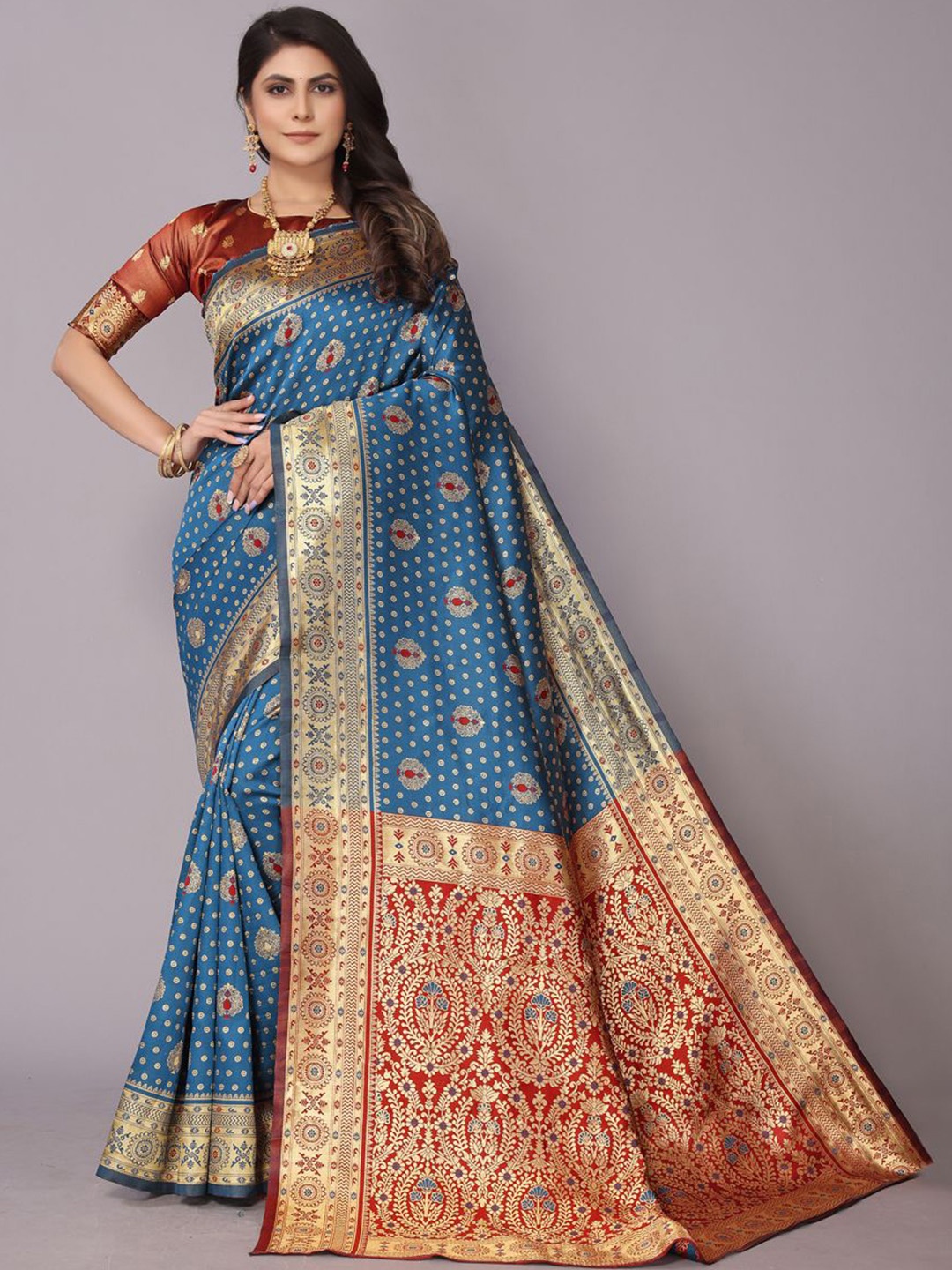 

PERFECT WEAR Ethnic Motifs Woven Design Zari Patola Saree, Blue