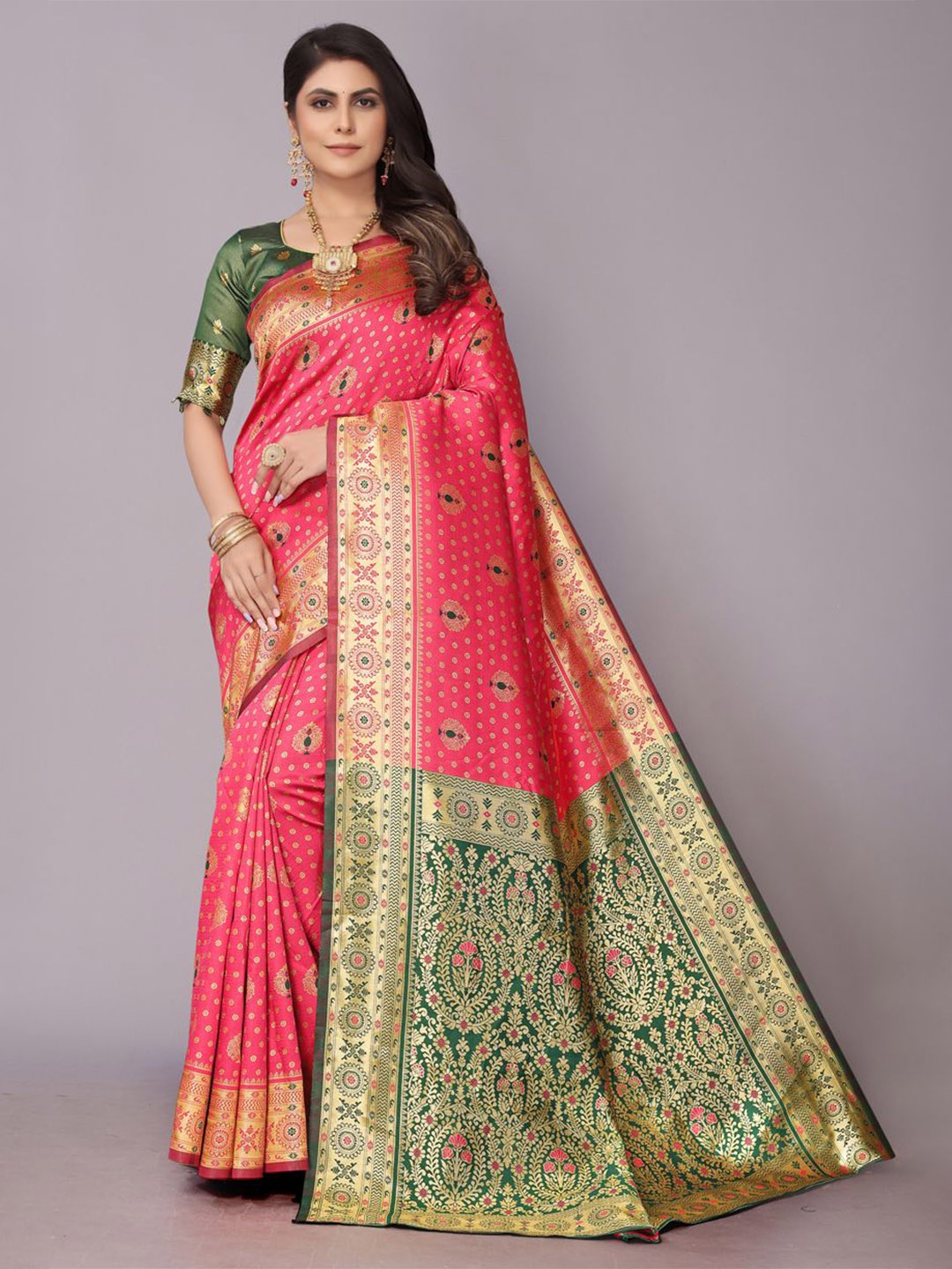 

PERFECT WEAR Floral Zari Patola Saree, Pink