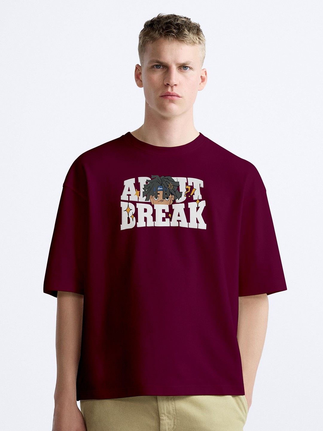 

BAESD Men Typography Drop-Shoulder Sleeves Applique T-shirt, Maroon