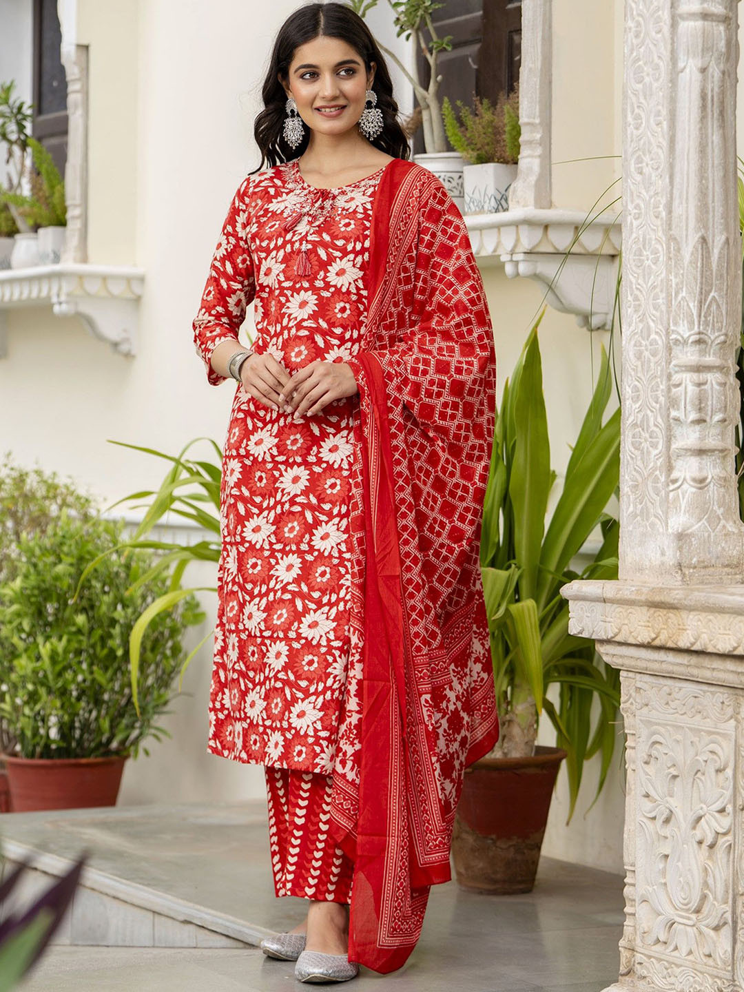 

KALINI Floral Embroidered Regular Pure Cotton Kurta with Trousers & Dupatta, Red