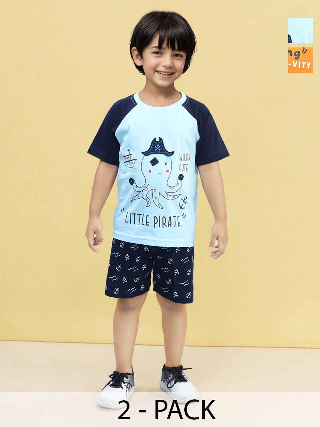 

Toonyport Boys Pack of 2 Printed Pure Cotton T-shirt with Shorts, Blue