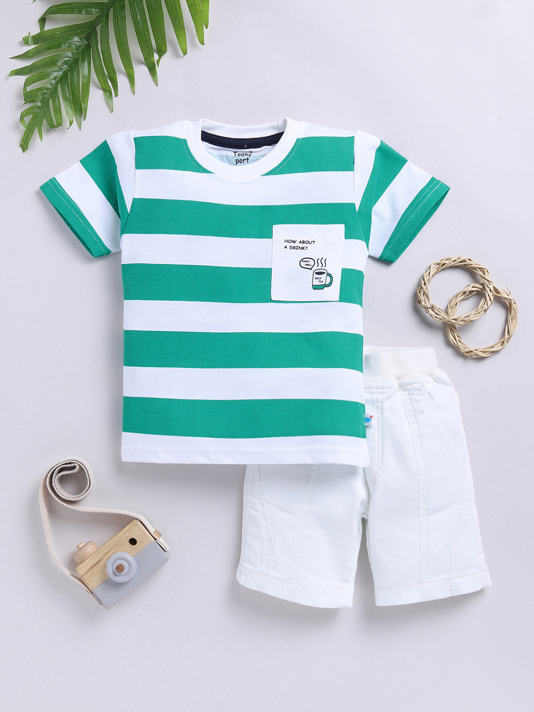 

Toonyport Boys Striped Pure Cotton Shirt with Shorts, Green