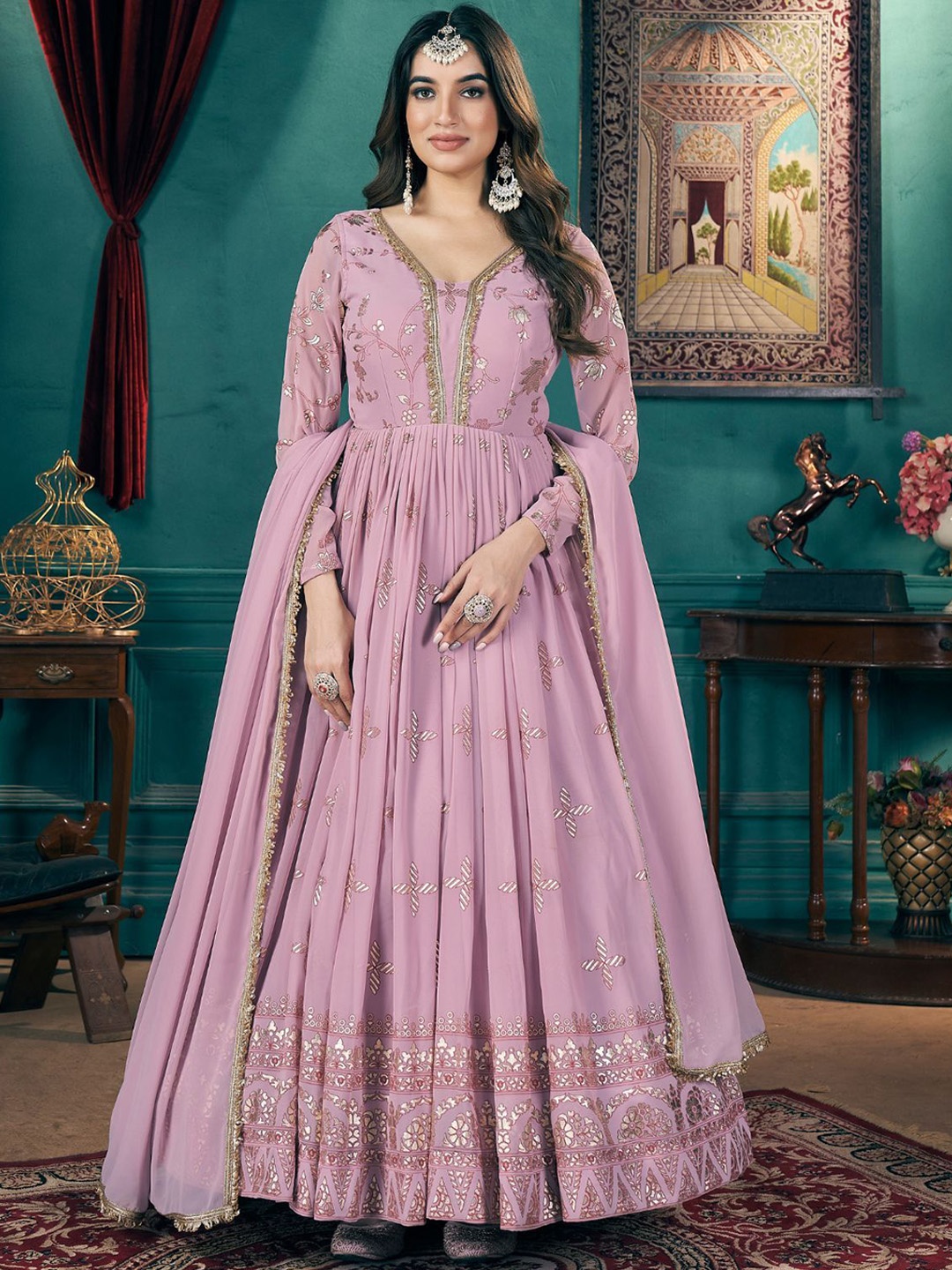 

ODETTE Floral Yoke Design Georgette Anarkali Ethnic Dresse, Pink