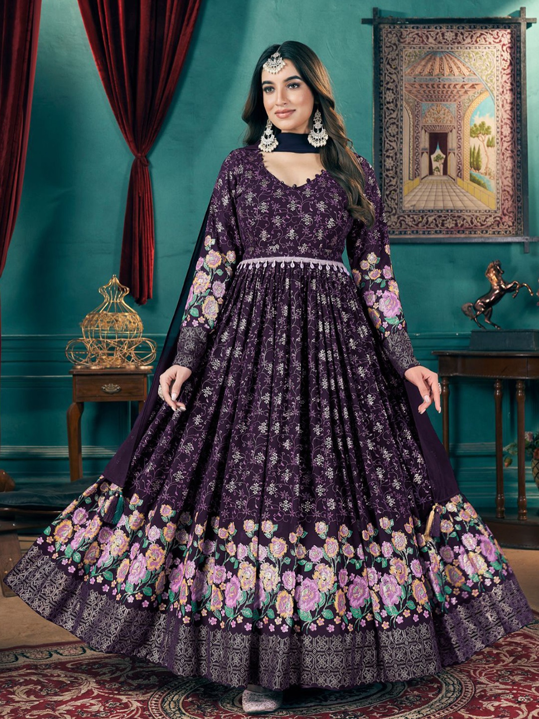 

ODETTE Floral Printed Thread Work Georgette Anarkali Ethnic Dresse, Purple