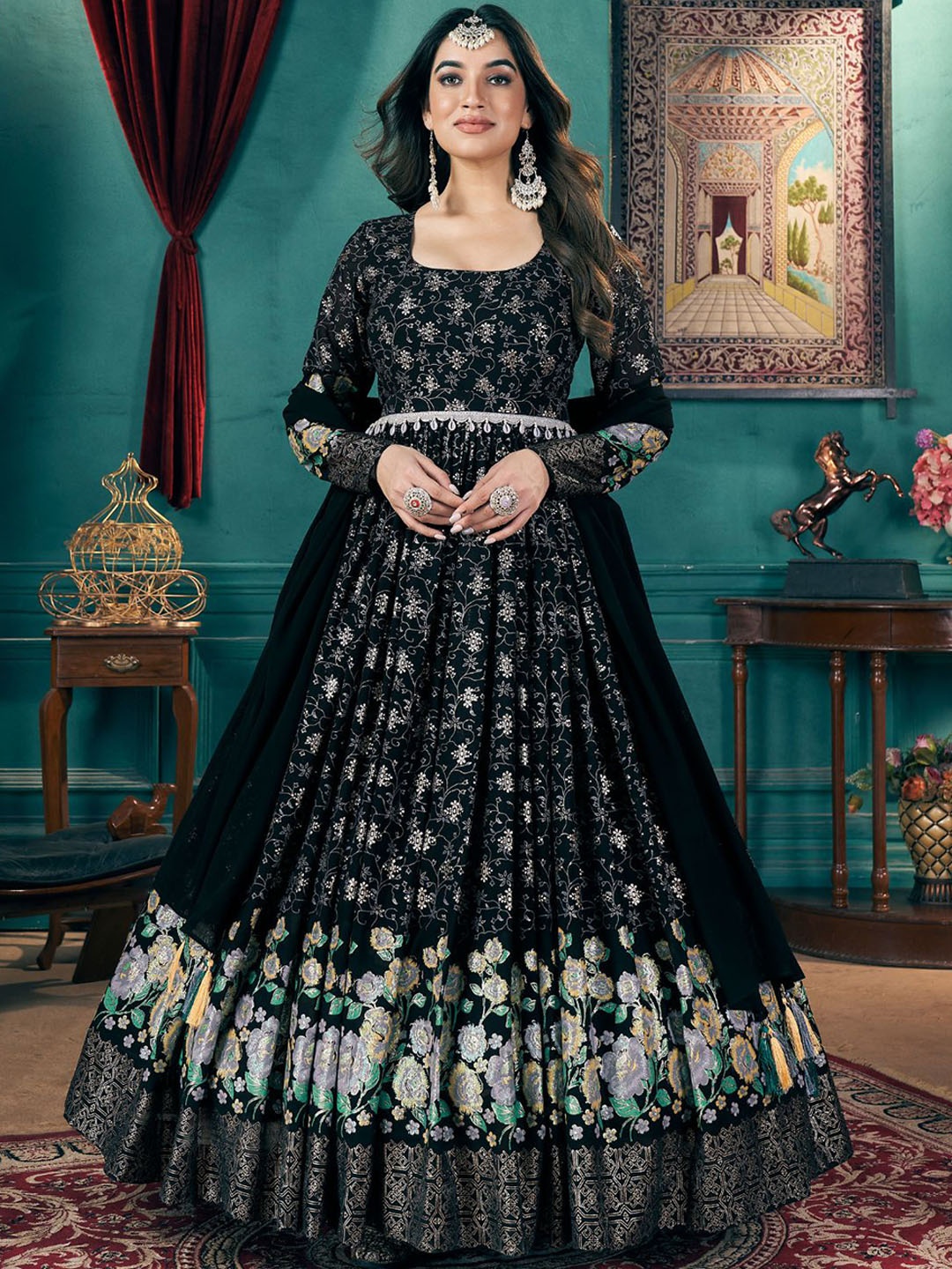 

ODETTE Floral Printed Thread Work Georgette Anarkali Ethnic Dresse, Black