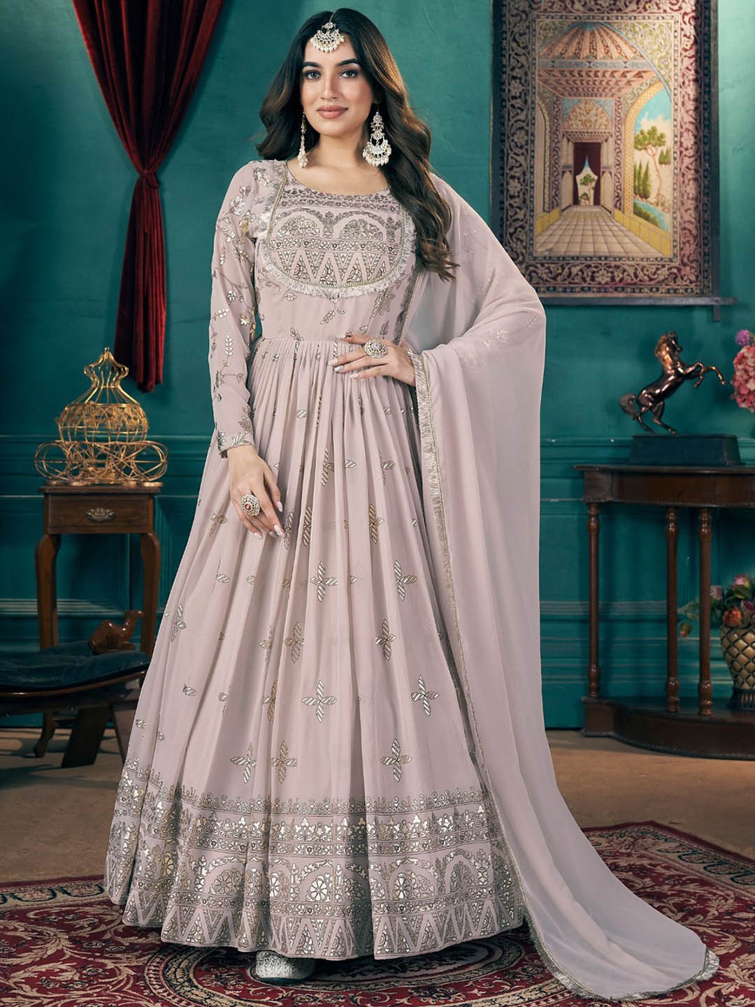 

ODETTE Ethnic Motifs Printed Thread Work Georgette Anarkali Ethnic Dresse, Mauve