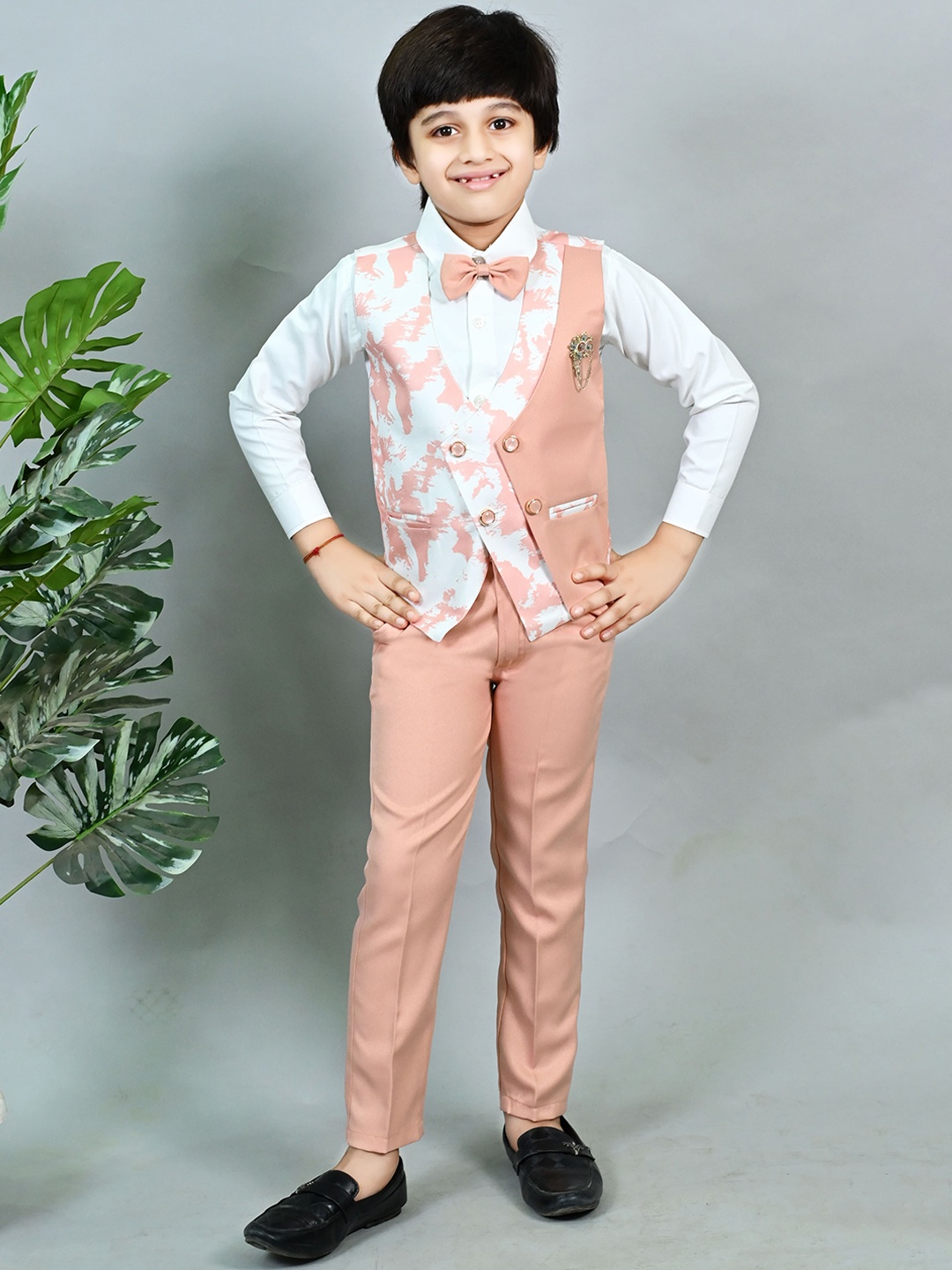 

BT DEZINES Boys Marble Print 3Pcs Single-Breasted Suit, Pink