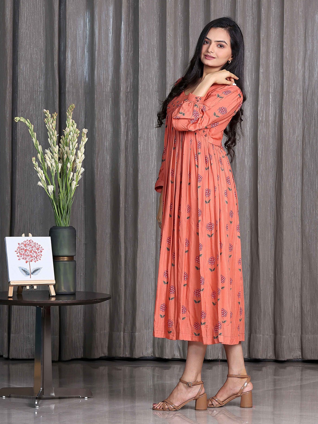 

SUKRUTI DESIGN Women Floral Print A-Line Midi Dress, Coral
