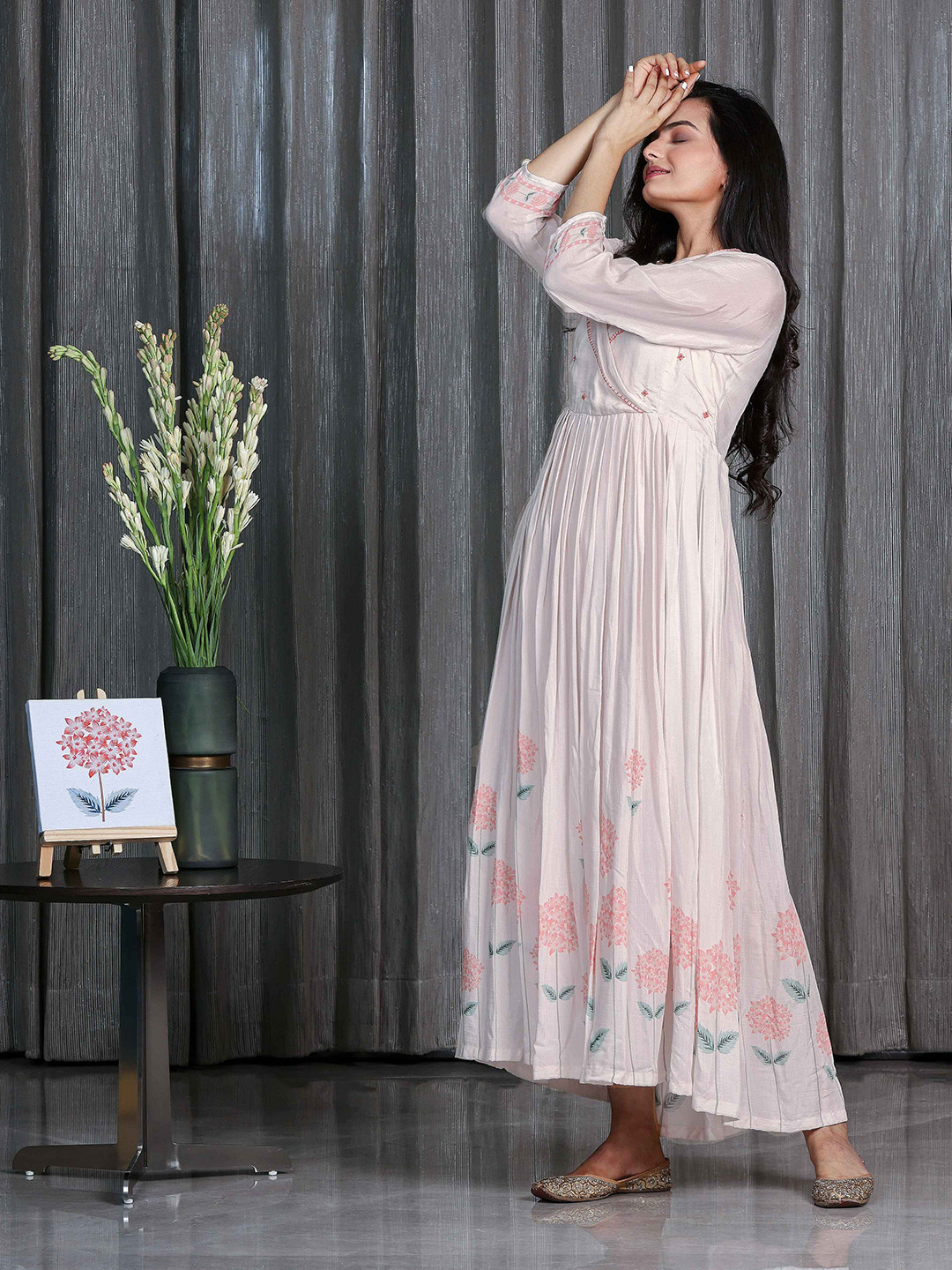 

SUKRUTI DESIGN Floral Print Maxi Ethnic Dress, Peach