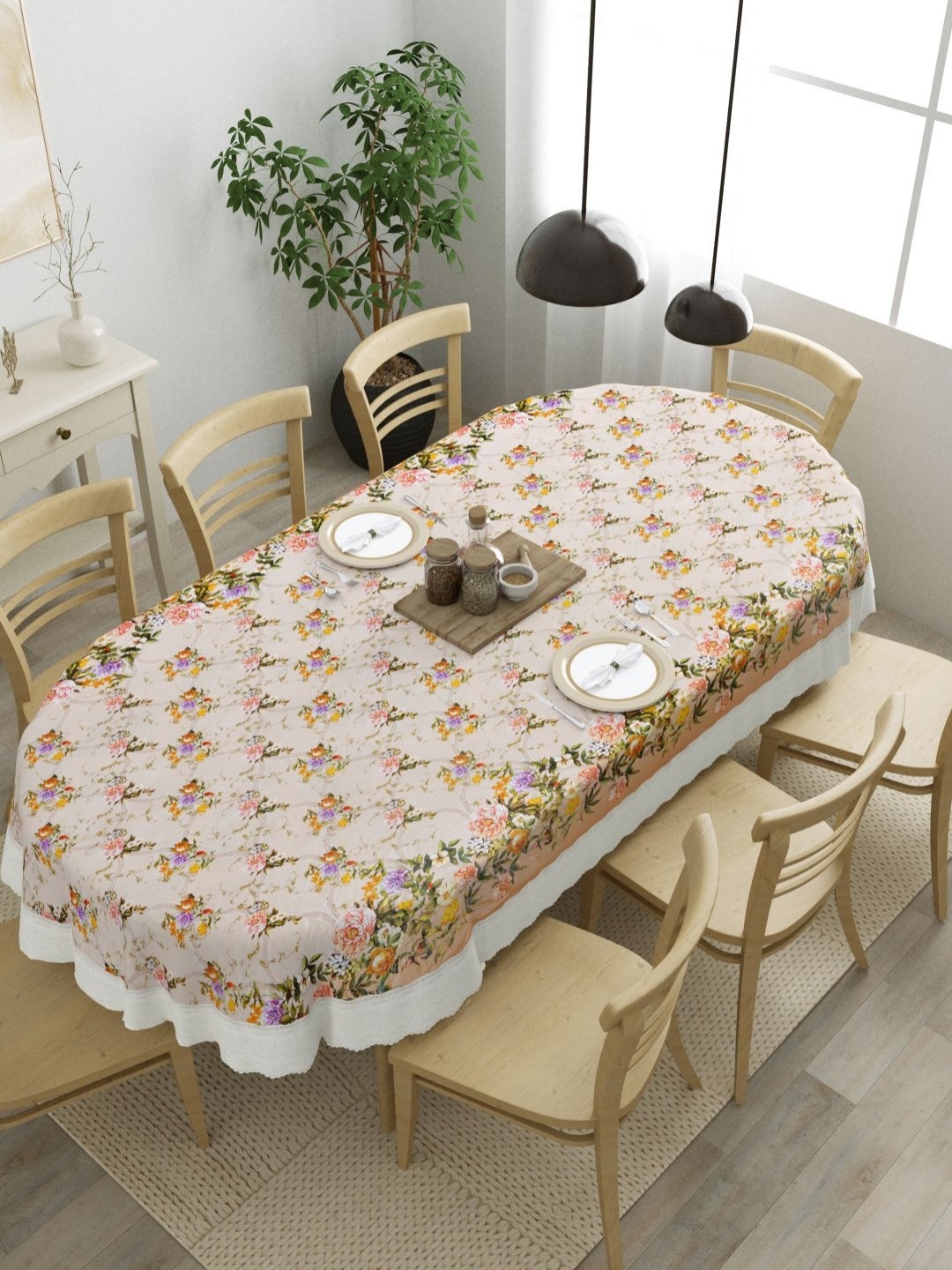 

Clasiko Peach-Coloured Floral Plastic Oval 8-Seater Table Cover
