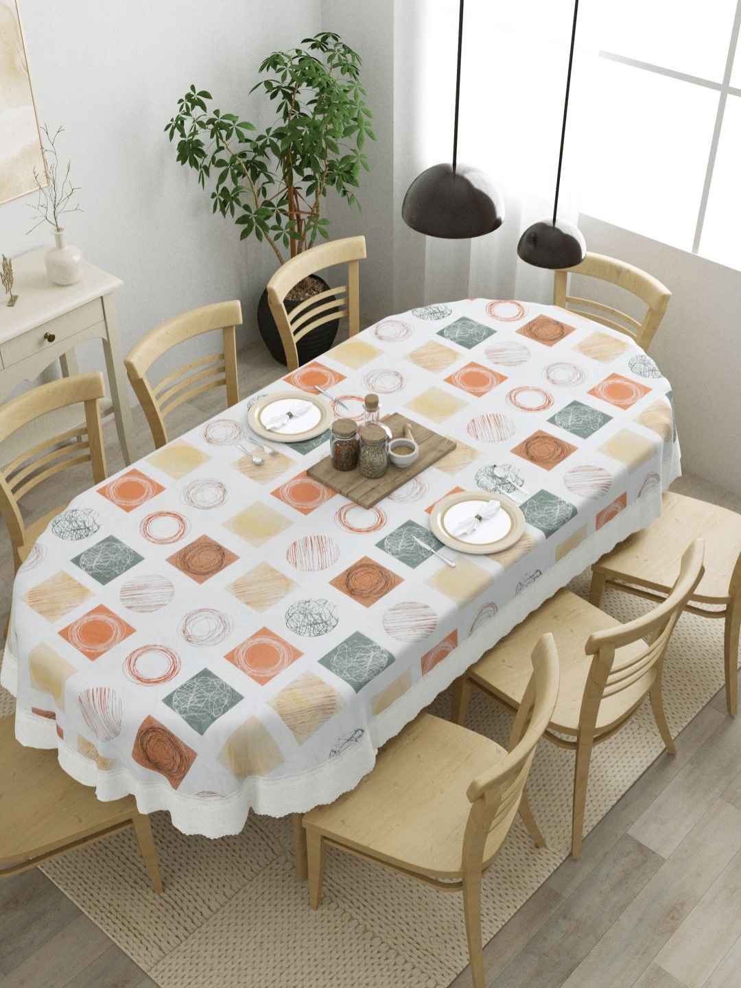 

Clasiko White Geometric Printed Plastic Oval 8-Seater Table Cover
