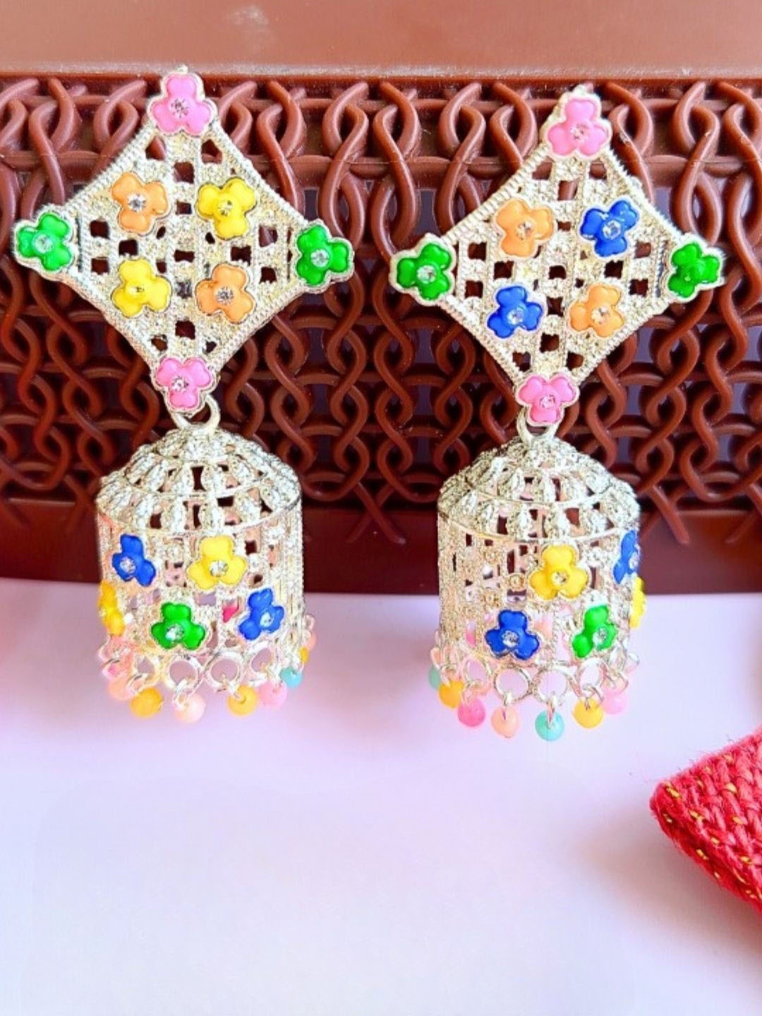 

Anouk Gold-Plated Artificial Stones and Beads Dome Shaped Meenakari Earrings, White